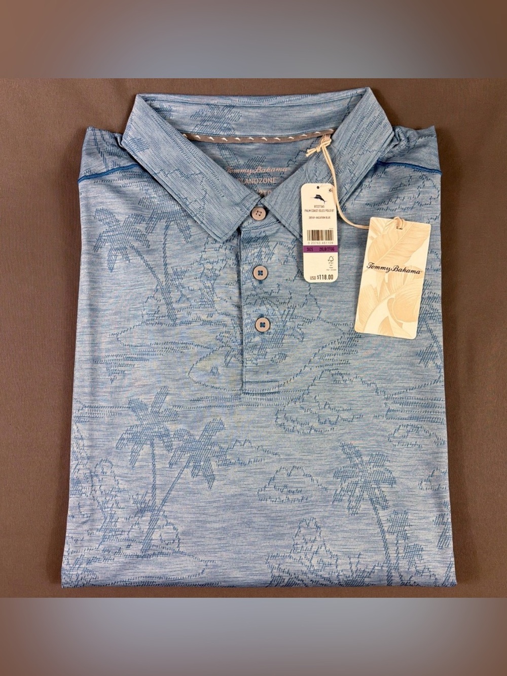 Tommy Bahama Golf Shirt Polo Palm Coast Isle Print 2XLB Blue Polyester MSRP $118